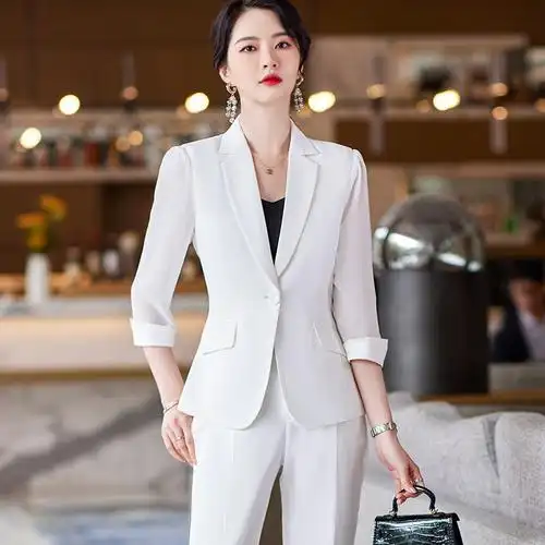 七分袖小西装套装女韩版时尚修身职业装白色小个子西服外套夏女装