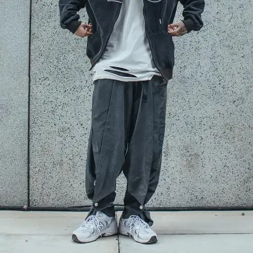 高街裤子欧美潮牌秋季长裤不规则运动裤男宽松休闲裤