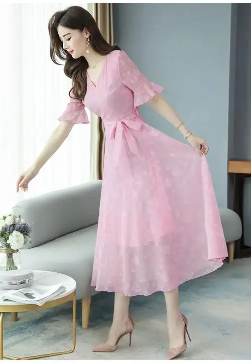 雪纺连衣裙2021新款夏流行裙子长款绣花收腰大摆裙女