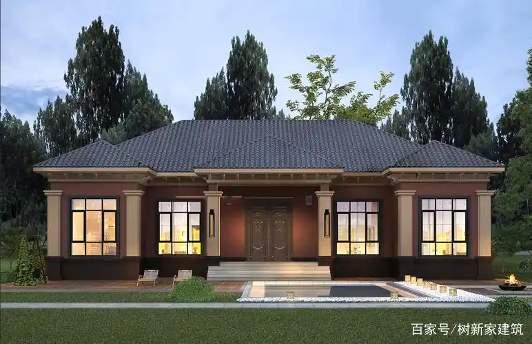 最火新中式一层坡顶小户型乡村自建房别墅 5室2厅2卫1厨1书房