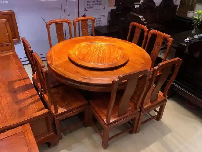 缅甸花梨木国色天香圆桌9件套生产厂家