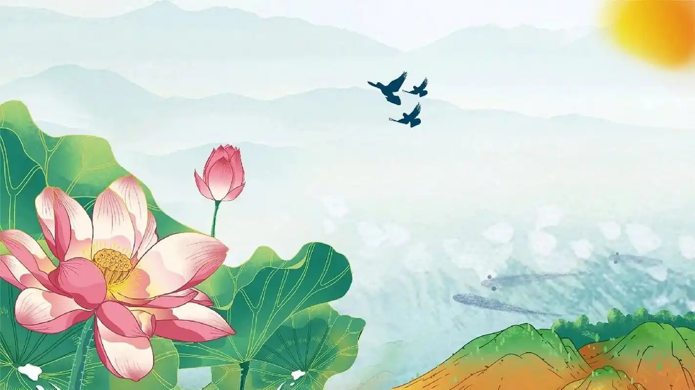 夏日国潮插画荷花横屏展板背景图|荷花壁纸 93哈喽,各位宝子晚上好