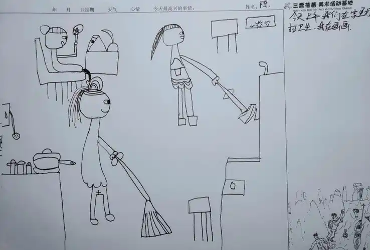 今天早上妈妈和姐姐打扫卫生我在画画