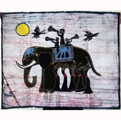 蜡染画农家乐台布装饰画手工蜡染布画傣族图案大象72*86cm