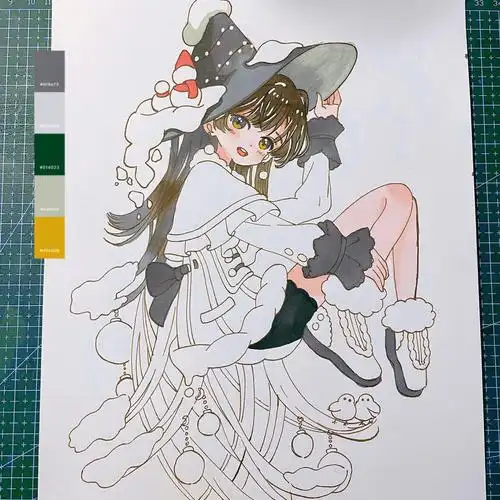 马克笔动漫手绘同色系少女含过程