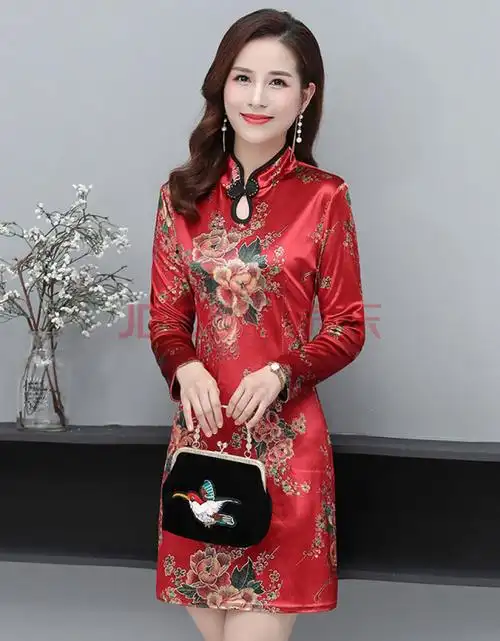 高档旗袍2020春装新款中老年金丝绒打底衫 中年妈妈改良旗袍中长款