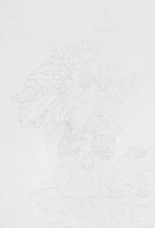 第一步:整幅白描墨色较浅,只是在荷叶和莲蓬处略加深一点.