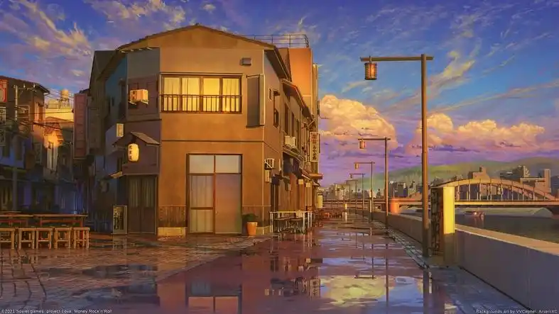 1k动漫风景 街道 街景 彩虹桥 日落超高清壁纸 - 日本动漫 - h128壁纸