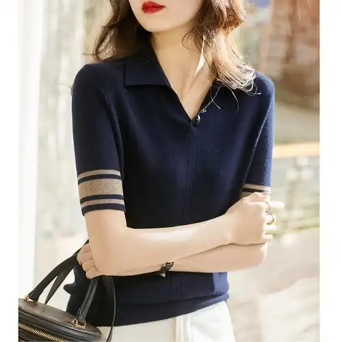 t恤短袖上衣女夏季年新款短袖打底衫娃娃领翻领t恤薄,女装针织衫/毛衣