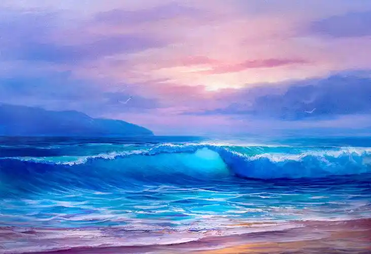 彩色天空下的蓝色大海独具匠心的油画.丰富的金色夕阳西下的大海.