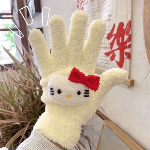 ins可爱毛绒hellokitty手套卡通小红书保暖学生连指手套女骑车冬