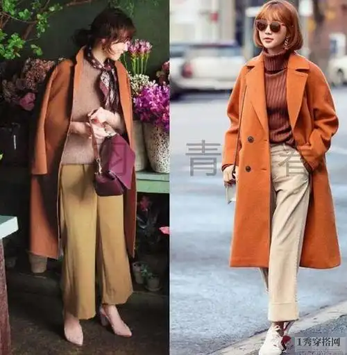 焦糖色大衣 咖啡色高领毛衣