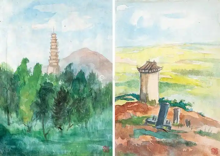 关良(1900～1986) 洛阳白马寺 纸本水彩