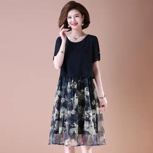妈妈夏装短袖连衣裙2024新款洋气50岁中老年妇女气质雪纺裙子