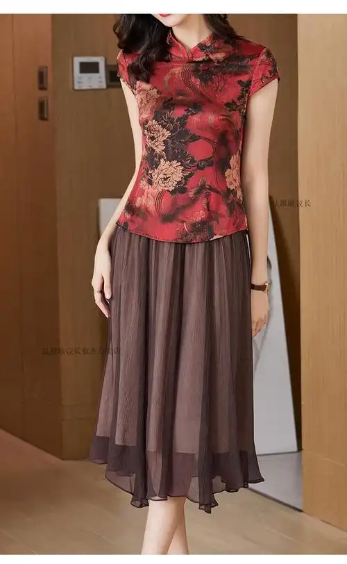 欧议长轻奢女装高端品牌香云纱真丝桑蚕丝上衣两件装女夏装妈妈连衣