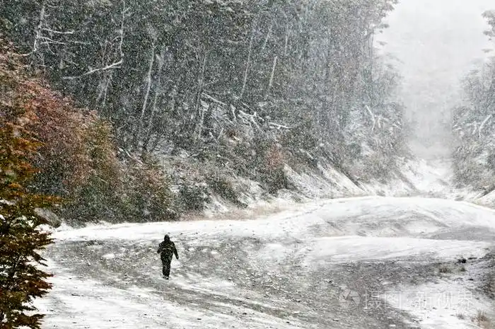 森林里的人在暴风雪中行走