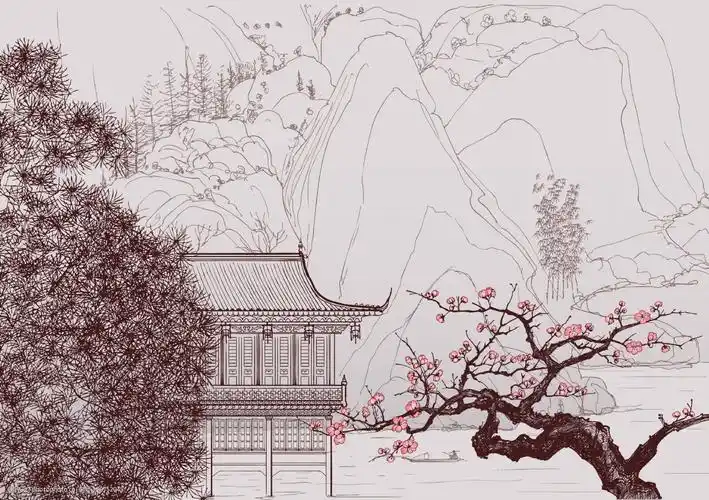 工笔画建筑场景插画