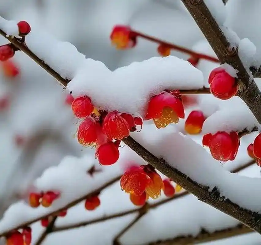 雪中腊梅红似火, 冷风瑟瑟傲寒来. 玉树琼花香满径, 独立银枝笑意开.