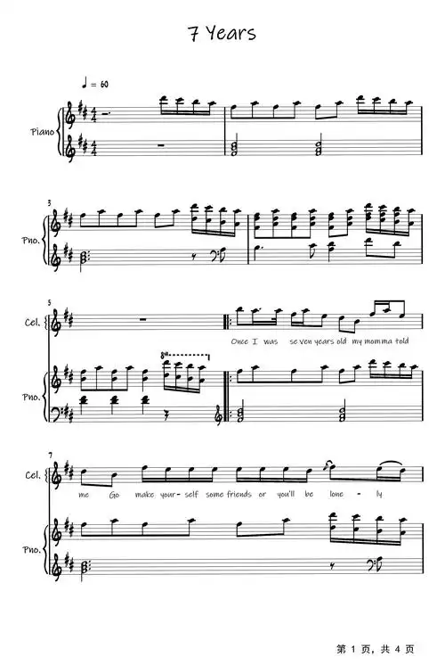 7 years钢琴谱_丹麦乐团lukas graham_d调_弹唱谱钢琴谱伴奏谱五线谱