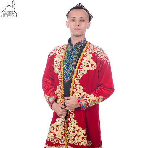 民族舞蹈新疆民族舞男款红色贴钻装饰维族服装民族服装