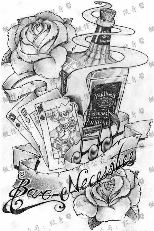 欧美风一款威士忌扑克牌玫瑰花纹身手稿