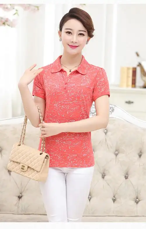 2016夏季t恤女装中年妈妈短袖上衣polo衫中老年夏装全棉翻领t恤女