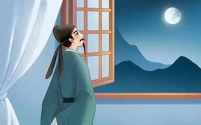 卡通手绘静夜思古诗插画站在窗前遥望明月的李白原创插画海报