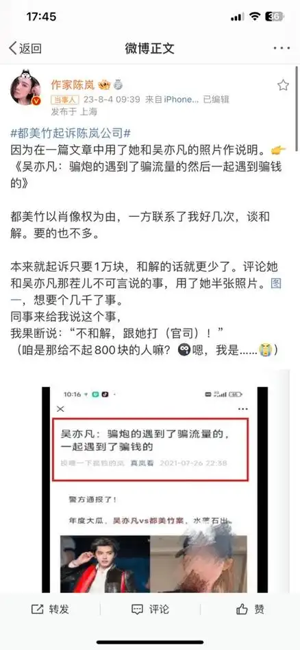 微博大v作家陈岚回应被都美竹起诉:多次联系我和解,但我不