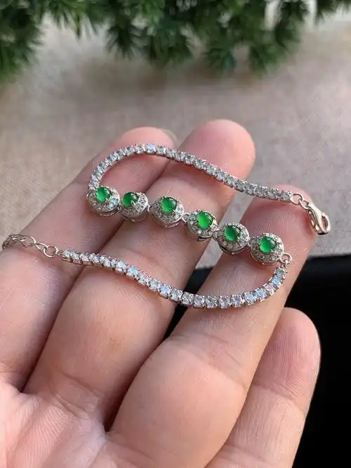 925银镶嵌冰种阳绿蛋面翡翠手链女款轻奢手饰天然a货玉石珠宝捡漏