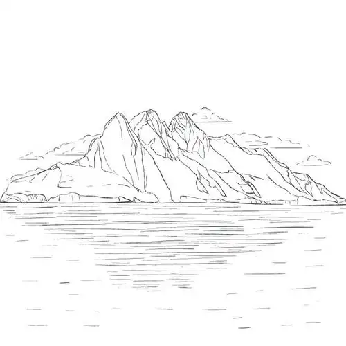 远处的大山和近处的水面风景简笔画图片免抠矢量素材