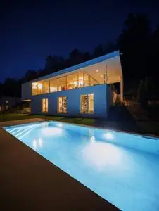 现代别墅, 夜间室外, 灯亮照片