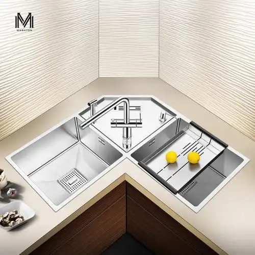 巴顿厨房转角水槽双槽拐角异形多功能不锈钢洗菜水槽套餐