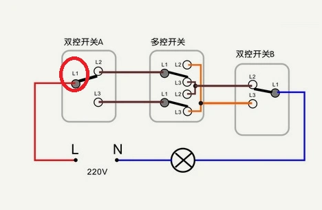 问下三个三开双控控制一盏灯怎么接线