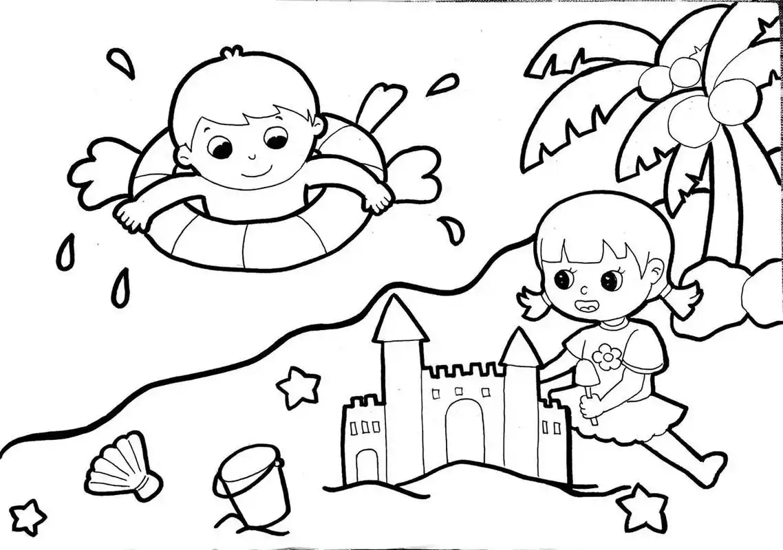 马克笔儿童画夏日沙滩9215 马克笔儿童画卡通画简笔画主题画 夏日