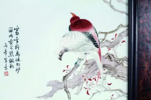 刘雨岑粉彩花鸟瓷板挂屏