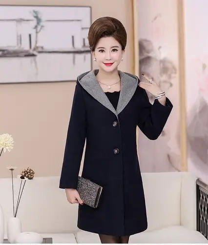 2019妈妈春秋装长袖针织外套女中长款连帽风衣中老年女装外搭开衫