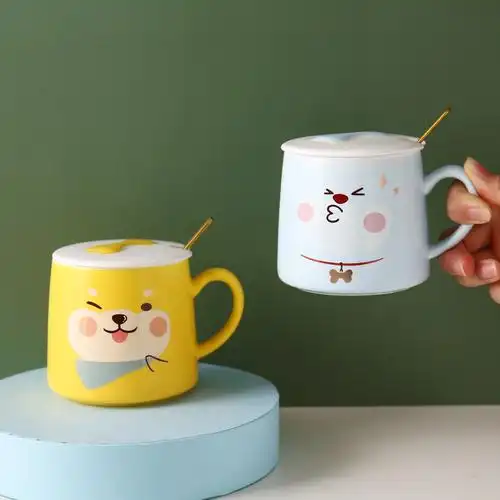创意ins卡通柴犬马克杯子陶瓷办公室带盖勺早餐马克杯