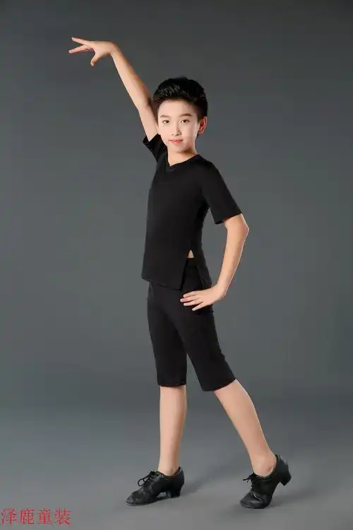 小憨鹿男童男孩拉丁舞服装少儿儿童男生舞蹈套装夏季短袖形体训练练功