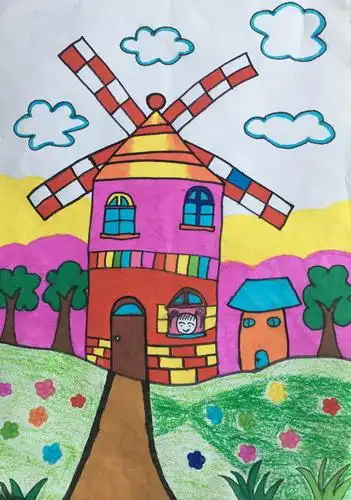 少儿书画作品-《大风车》/儿童书画作品《大风车》欣赏_中国少儿美术