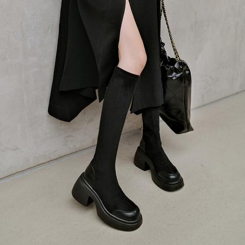 牛皮版~厚底增高小个子瘦瘦靴女长筒弹力袜靴粗高跟防水台高筒靴