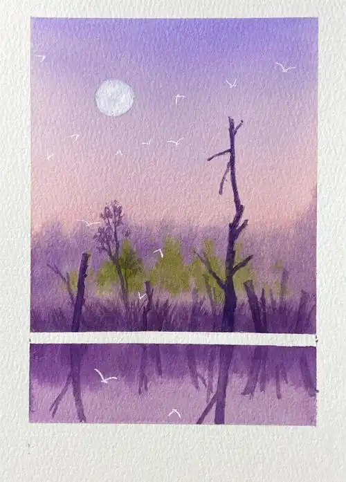 入门水彩小风景月光下的紫色浪漫图文教程