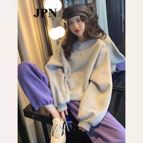 潮牌秋冬新款时尚减龄洋气卫衣卫裤跑步服两件套 加绒 灰色卫衣 紫色