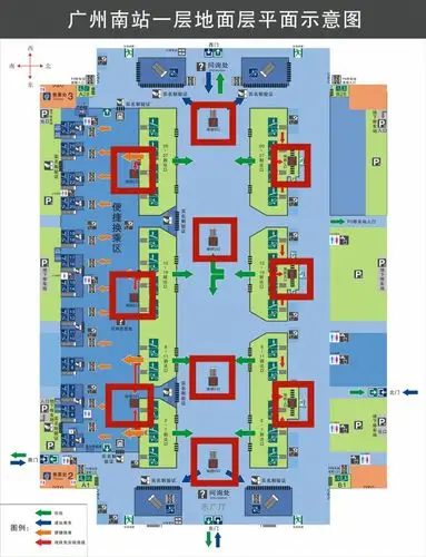 广州南站一层站内共有地铁口10个,中央通道4个:b,d,f,h,北通道3个:l,k