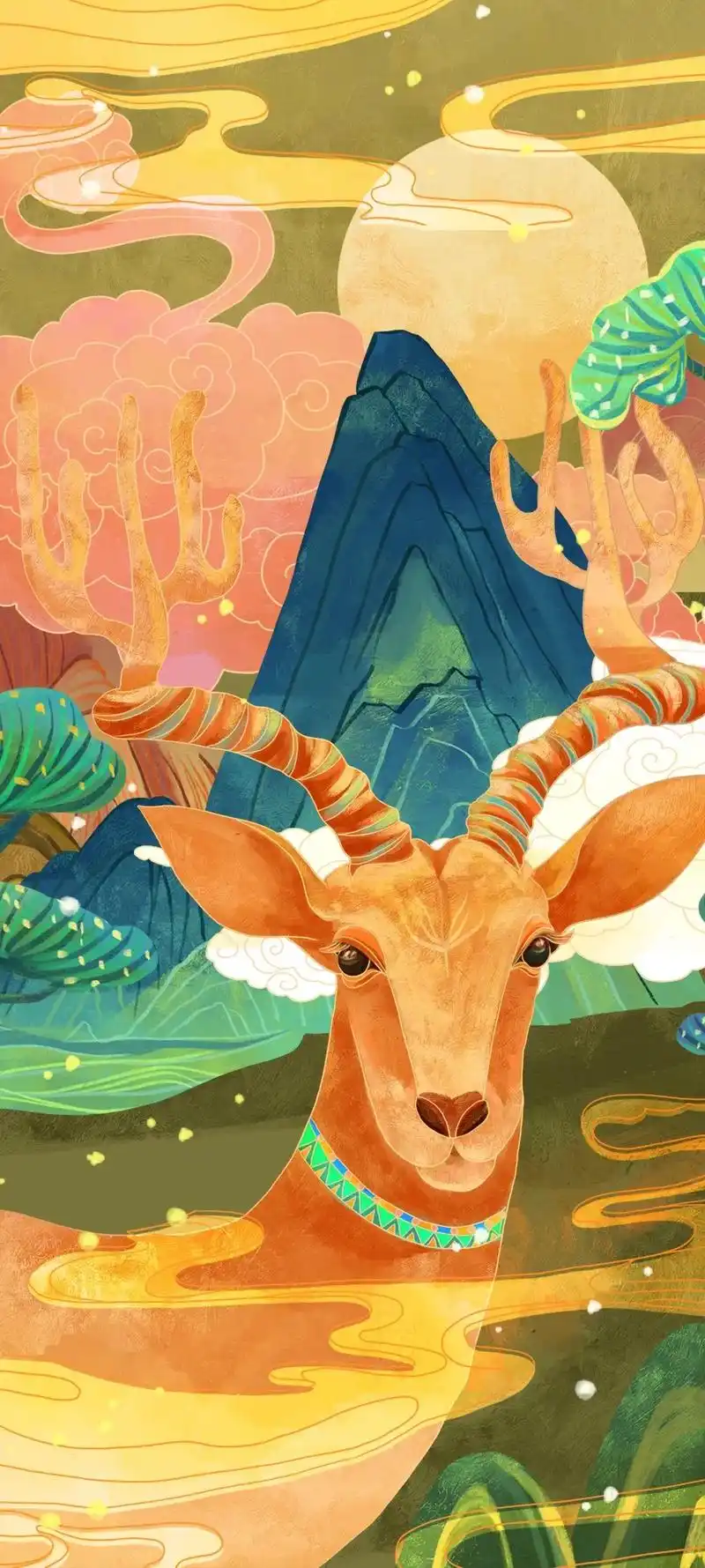 在佛教故事中七色鹿也经常以正义善良吉祥的化身出现