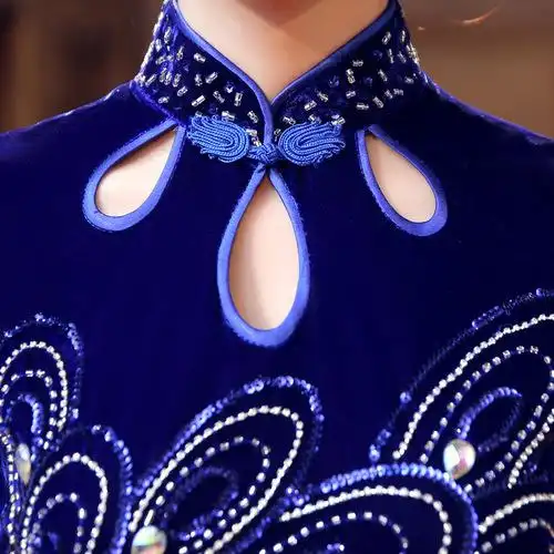 2017新款钉珠金丝绒旗袍裙亮片丝绒旗袍改良水滴领中长款宴会旗袍