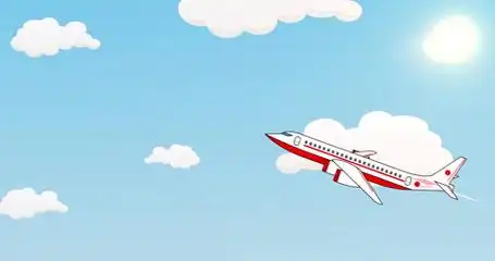 阳光明媚的一天客机在蓝天和云层中起飞卡通