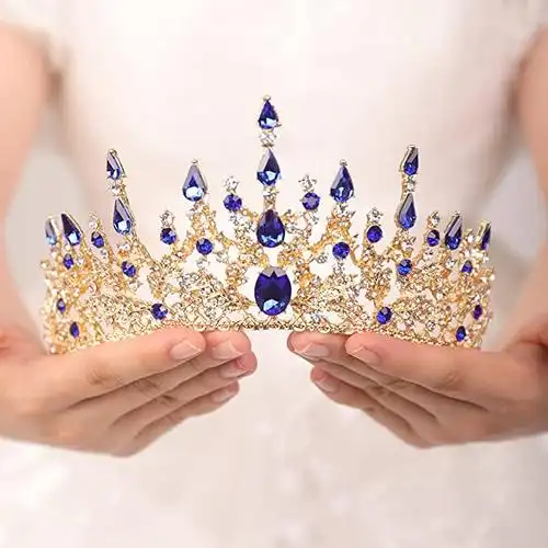 jwicos 巴洛克女王皇冠女士水钻婚礼皇冠蓝色头饰服装派对发饰生日