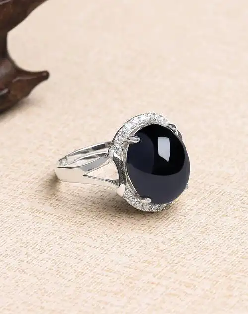 mary windsor s925银镶天然翡翠a货墨翠蛋面戒指/玉戒指/翡翠戒指