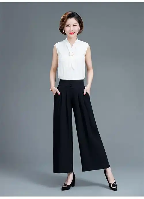 妈妈夏季垂感阔腿裤中老年女大码休闲高腰广场舞裤松紧腰宽松裙裤