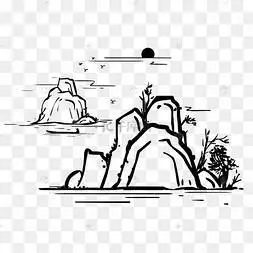 笔画国画彩色水墨山水中国风古风风景插画水墨笔刷笔画山水线描简笔画